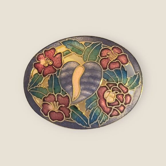 Vintage Gold Tone Cloisonne Tropical Arthurium Flowers Large Brooch Lapel Pin - Picture 8 of 10